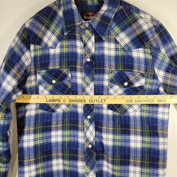 Vintage Wrangler Shacket Mens Medium Green Blue Plaid Flannel Pockets Insulated - Picture 5 of 16